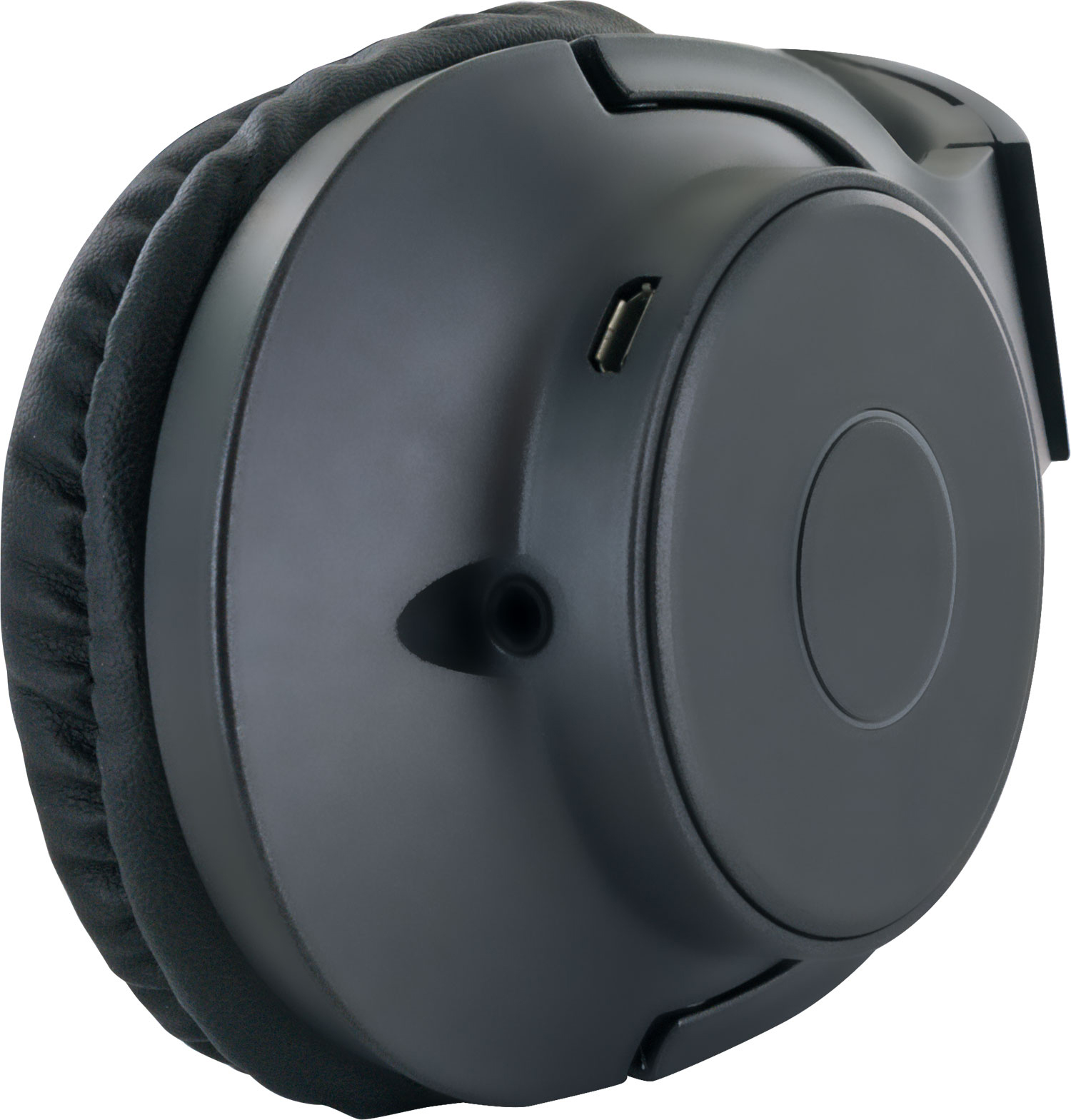 Cuffie nere con cuscinetti auricolari e porta USB. Sfondo bianco.