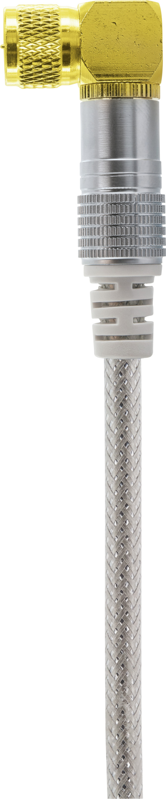 Kabel mit vergoldetem Stecker und silber-geflochtenem Kabel. Es hat einen Winkelstecker.