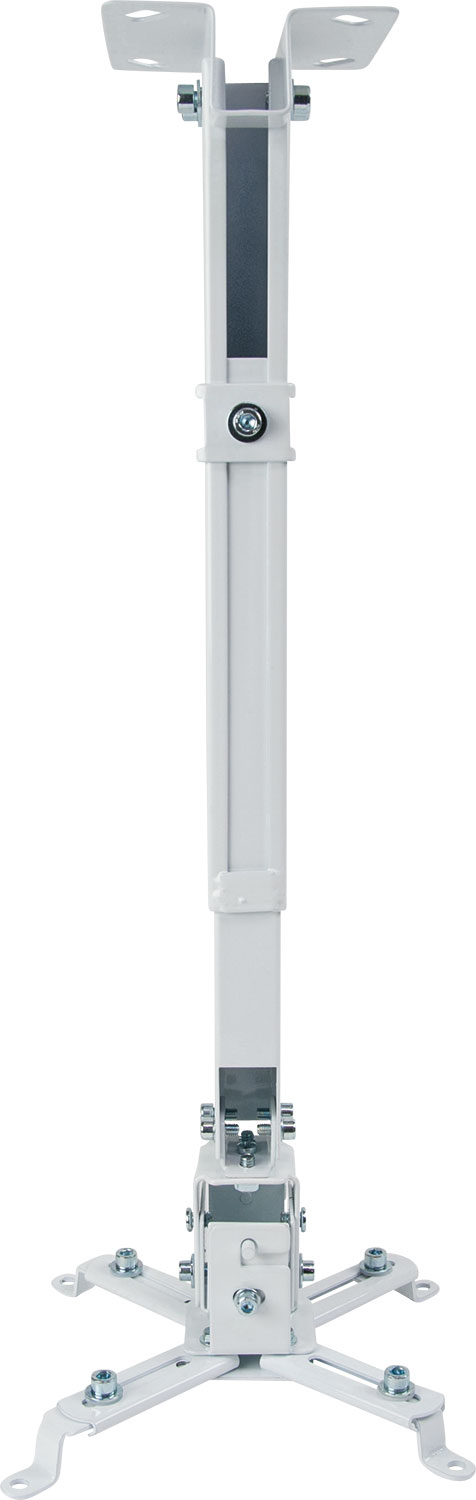 Biały uchwyt do projektora. Ma długi centralny słup, ramiona do mocowania i śruby regulacyjne.