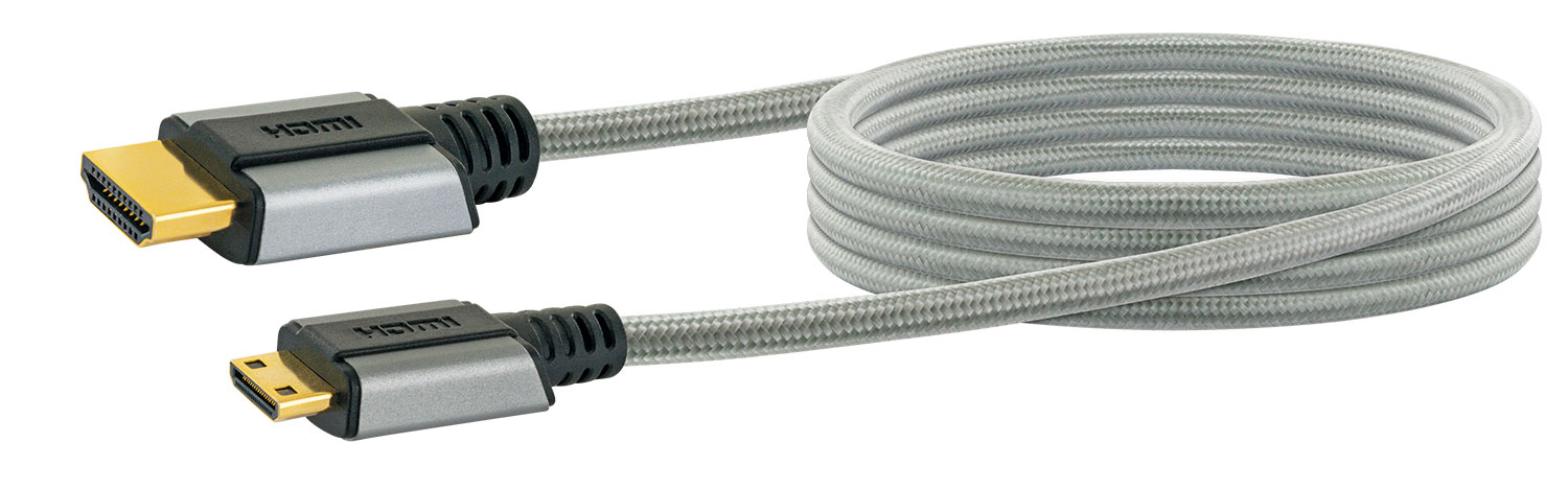 Graues HDMI-Kabel mit zwei Steckern, beide mit HDMI-Logo. Das Kabel ist auf weißem Hintergrund aufgerollt.