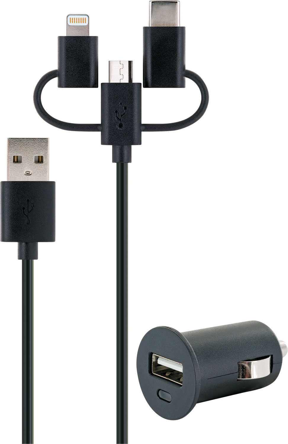 Schwarzes Ladekabel mit mehreren Steckern und einem Autoladegerät auf Weiß.
