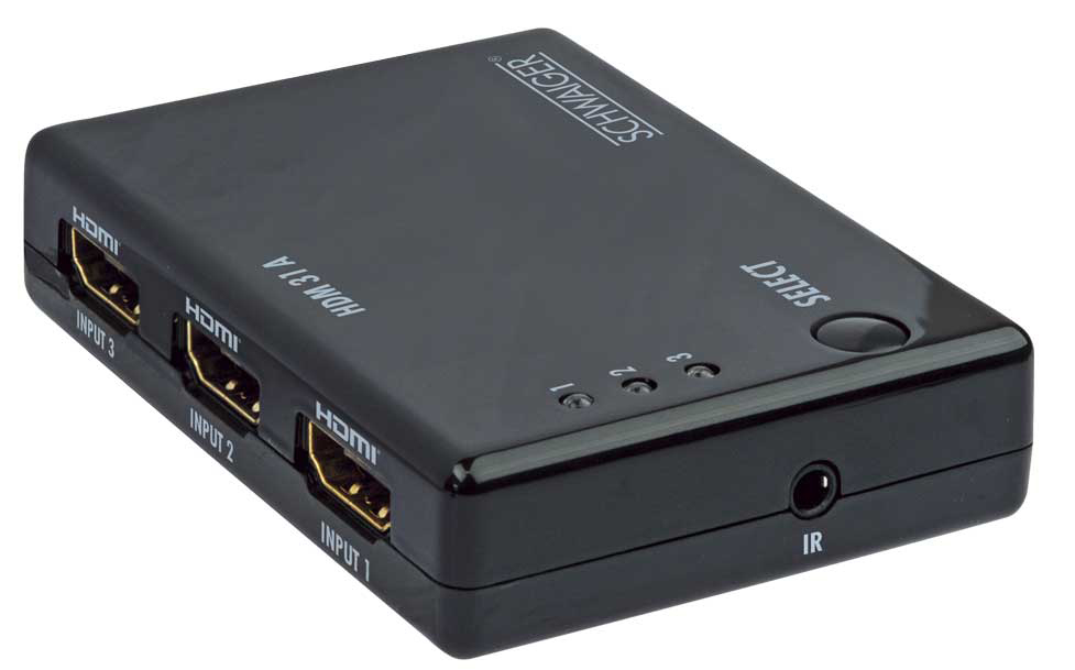 Schwarzer HDMI-Switch mit drei Eingängen und einem Ausgang.