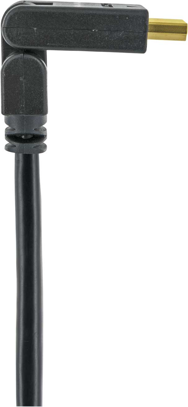 Schwarzes Kabel mit einem rechtwinkligen Stecker und einem geraden Stecker.