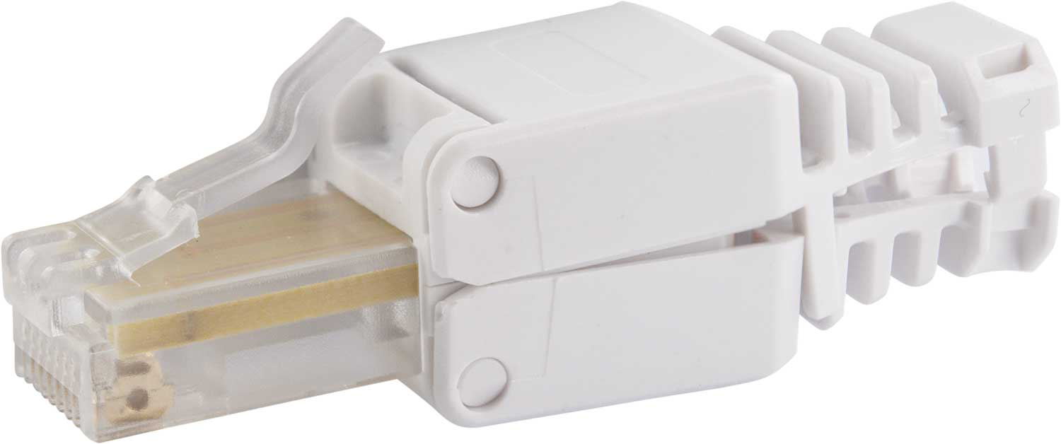 Weißer Ethernet-Stecker mit Kunststoffgehäuse.