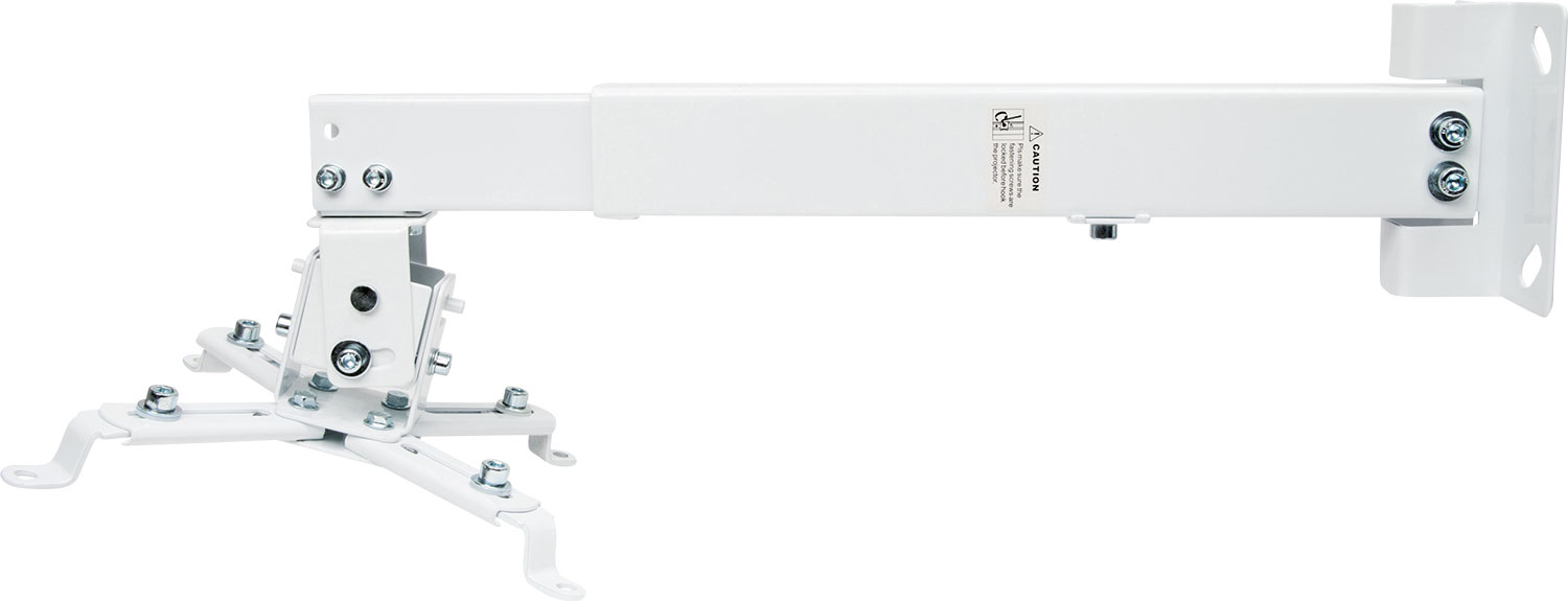 Biały uchwyt do projektora. Ma wiele punktów regulacji i śrub do instalacji.