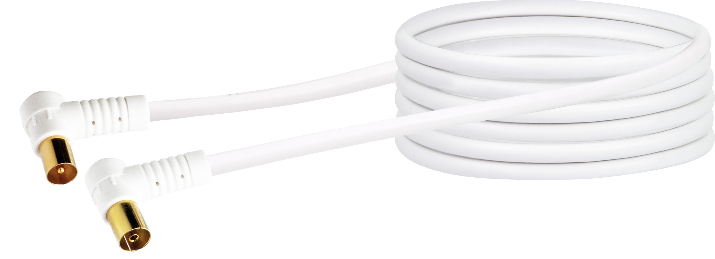 Zwei weiße abgewinkelte TV-Kabel mit goldenen Steckern, auf weißem Hintergrund.