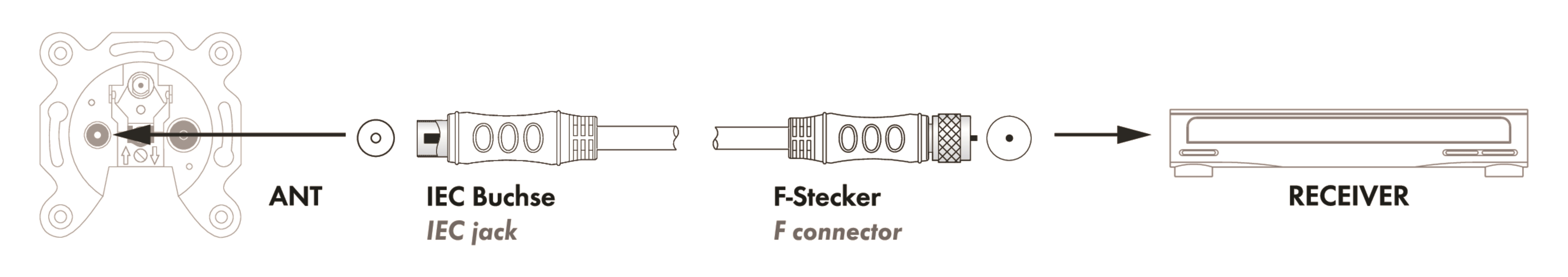 Diagramm: Antenne, IEC-Buchse, F-Stecker und Empfänger.