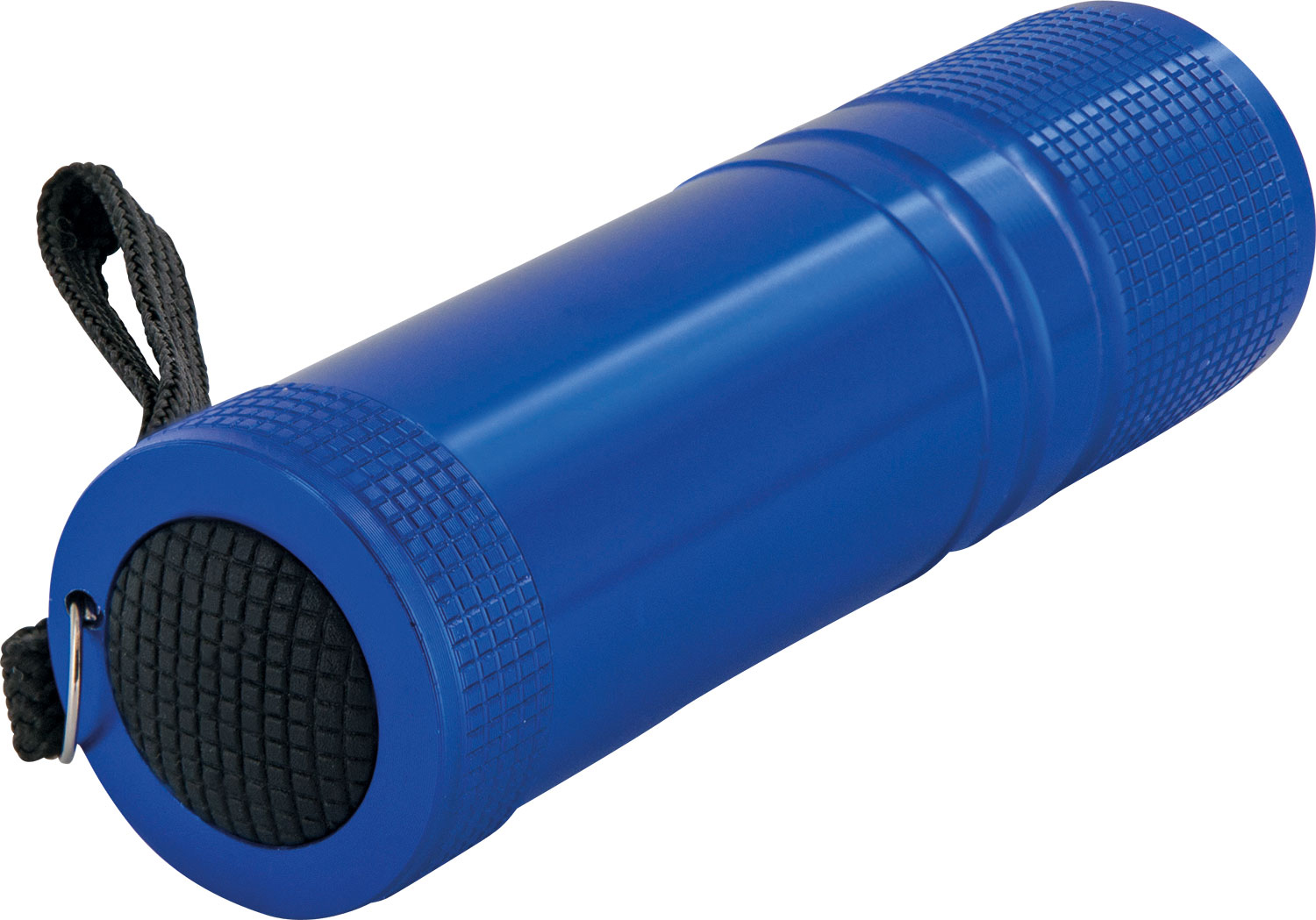 Blaue Taschenlampe mit schwarzem Riemen auf weißem Hintergrund, von oben geneigt.