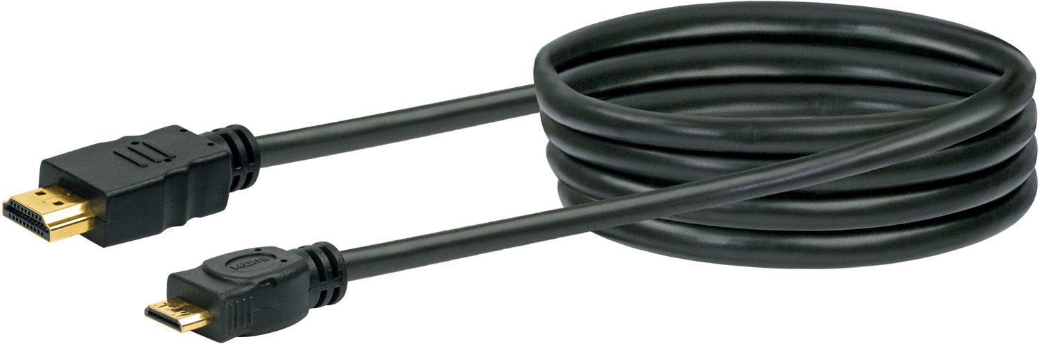 Schwarzes HDMI-Kabel mit Anschlüssen an beiden Enden, aufgerollt, vor weißem Hintergrund. Ein Ende ist goldfarben.