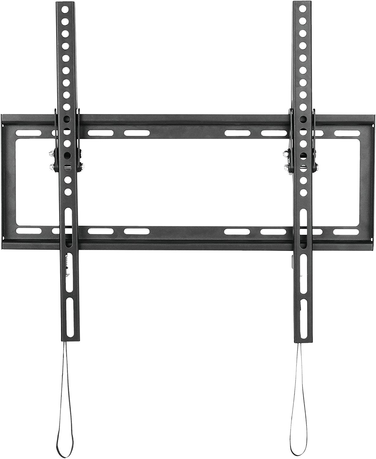 Schwarze TV-Halterung mit zwei vertikalen Schienen, horizontaler Stange. Löcher. Weißer Hintergrund.