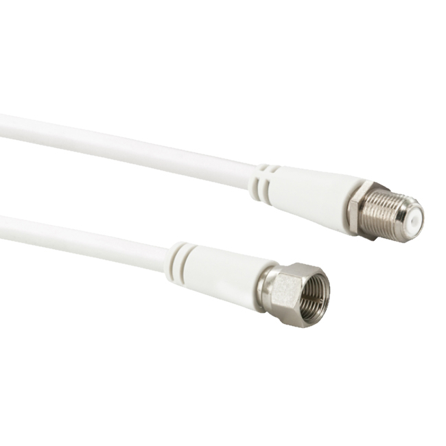 Weißes Koaxialkabel mit weißen Steckern. Ein Stecker ist am Kabel befestigt.