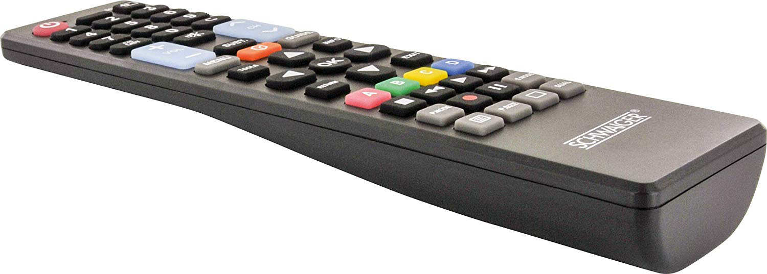 Czarny pilot z wieloma przyciskami. Widoczna nazwa marki.