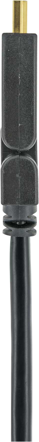 Ein schwarzer Stecker mit einem goldfarbenen Stift am Ende eines schwarzen Kabels.
