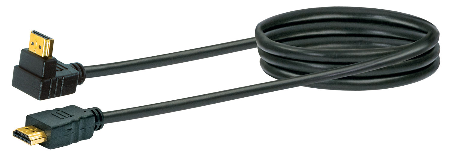 Schwarzes HDMI-Kabel mit abgewinkelten und geraden Steckern, weißer Hintergrund.