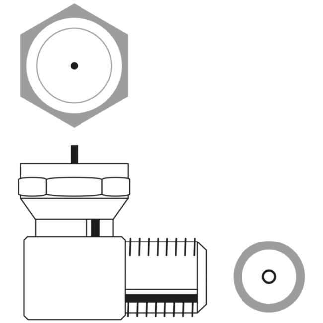 Diagramm eines Steckverbinders, das verschiedene Ansichten zeigt. Sechseckige Oberseite und abgewinkelte Seitenansicht.