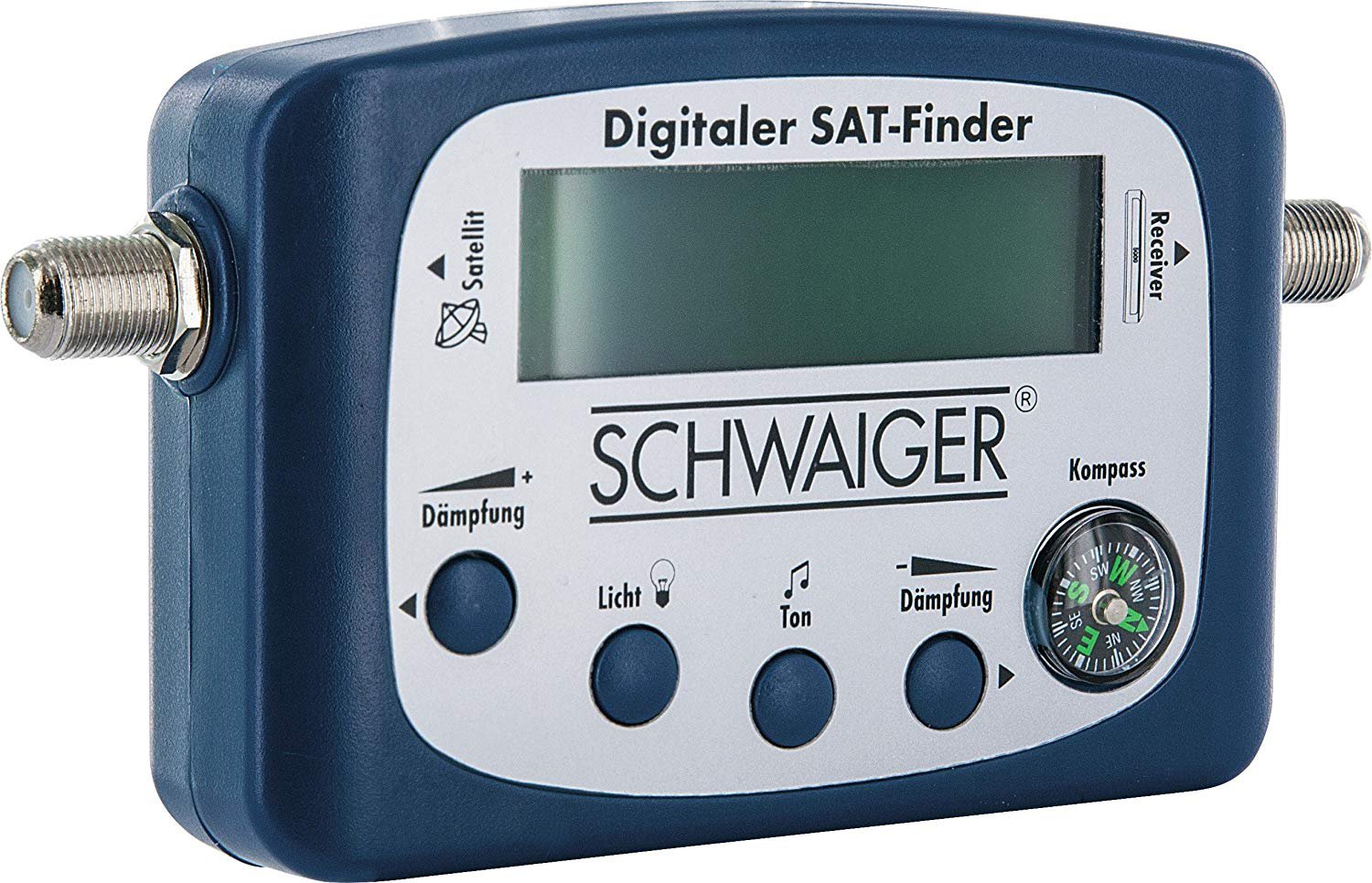 Blauer digitaler Satellitenfinder mit Display, Knöpfen und Kompass, Marke 'SCHWAIGER'.