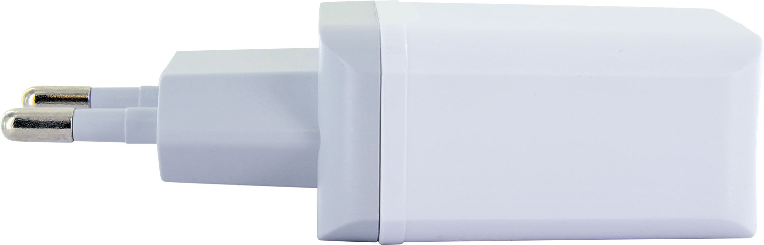 Ein weißer Netzadapter mit zwei Metallstiften und einem rechteckigen Gehäuse.
