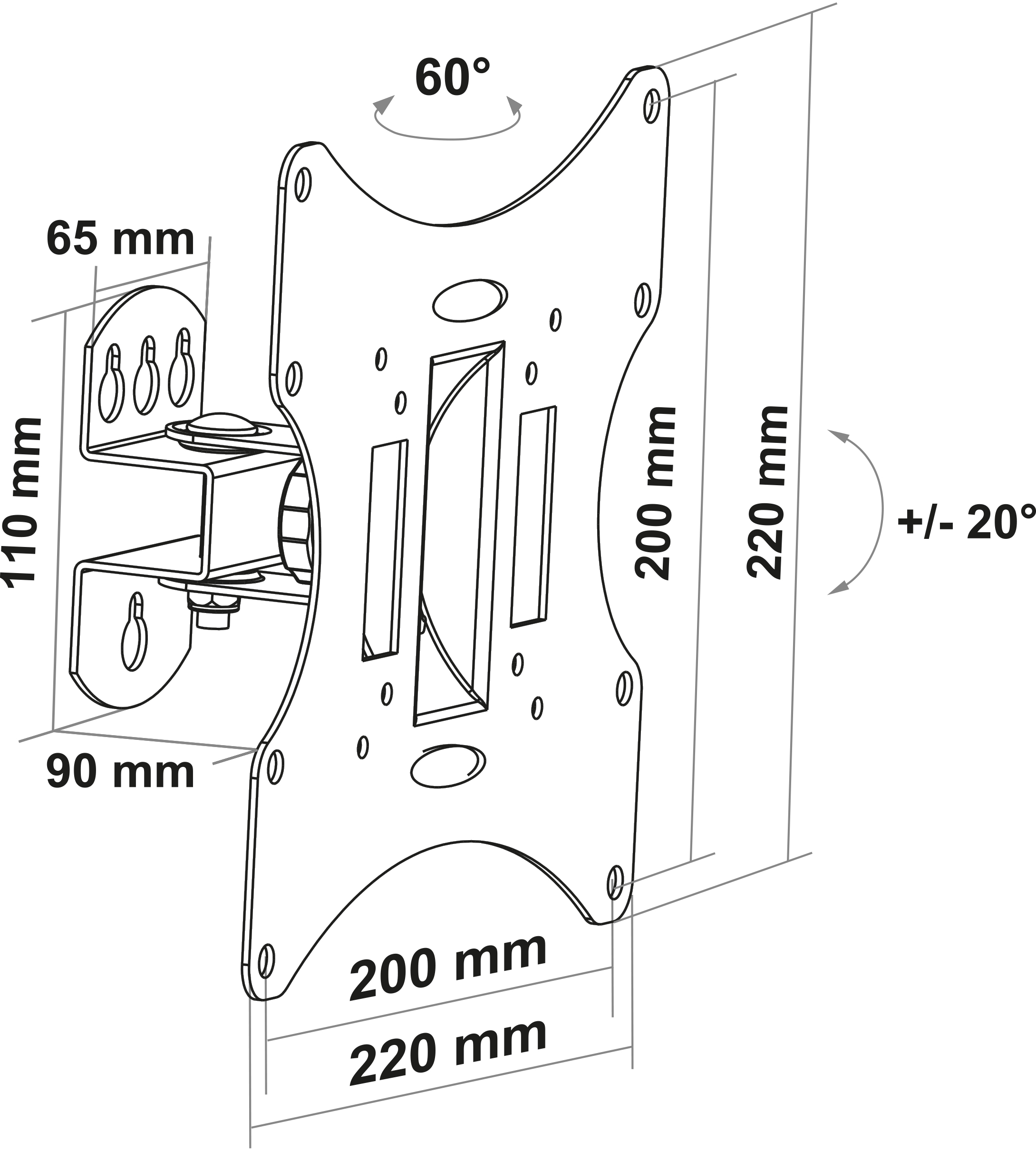 Soporte de montaje en pared. Dimensiones: 220 mm, 200 mm, 110 mm, 65 mm, 90 mm.