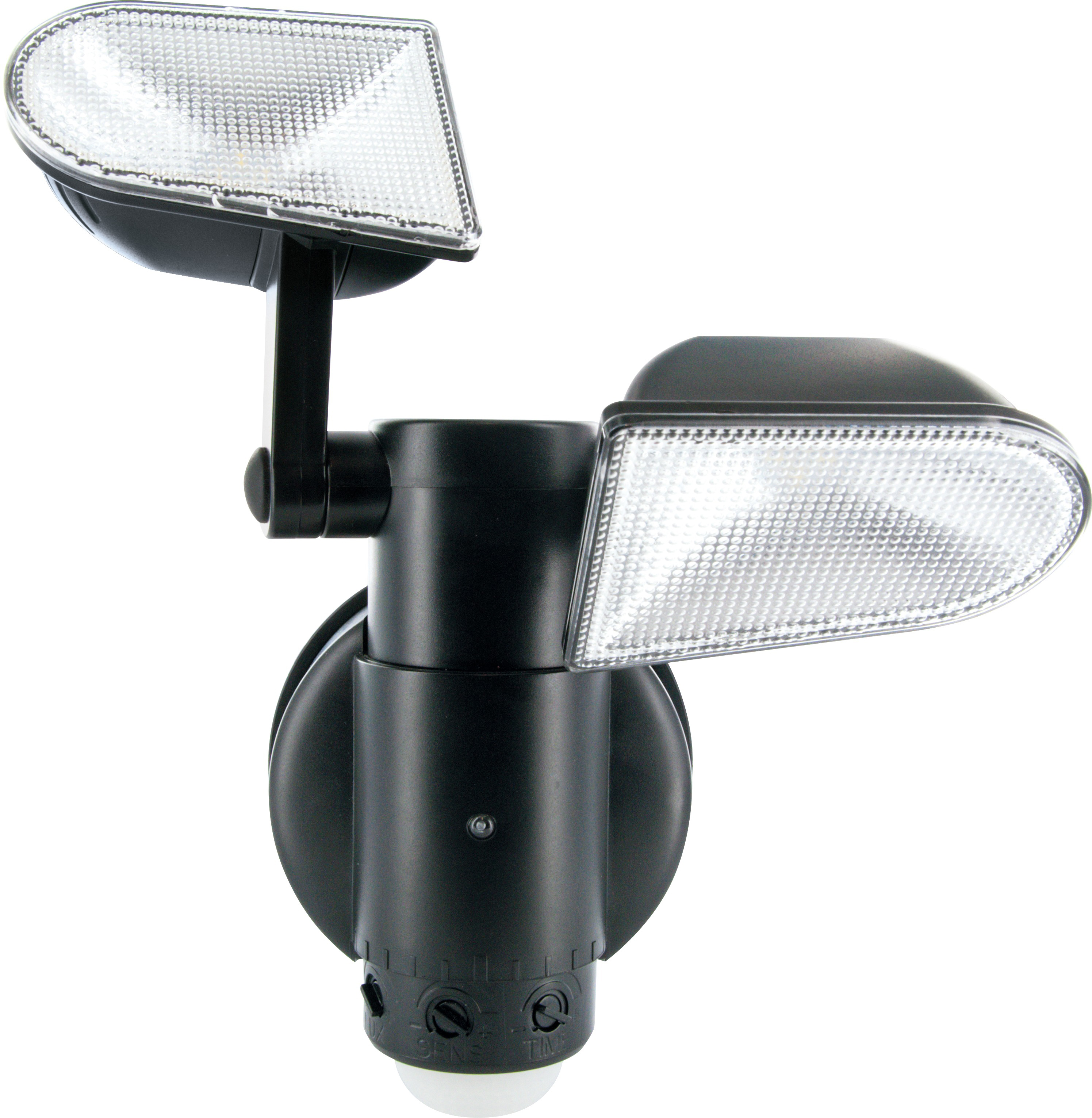 Black outdoor security light with two adjustable light heads.