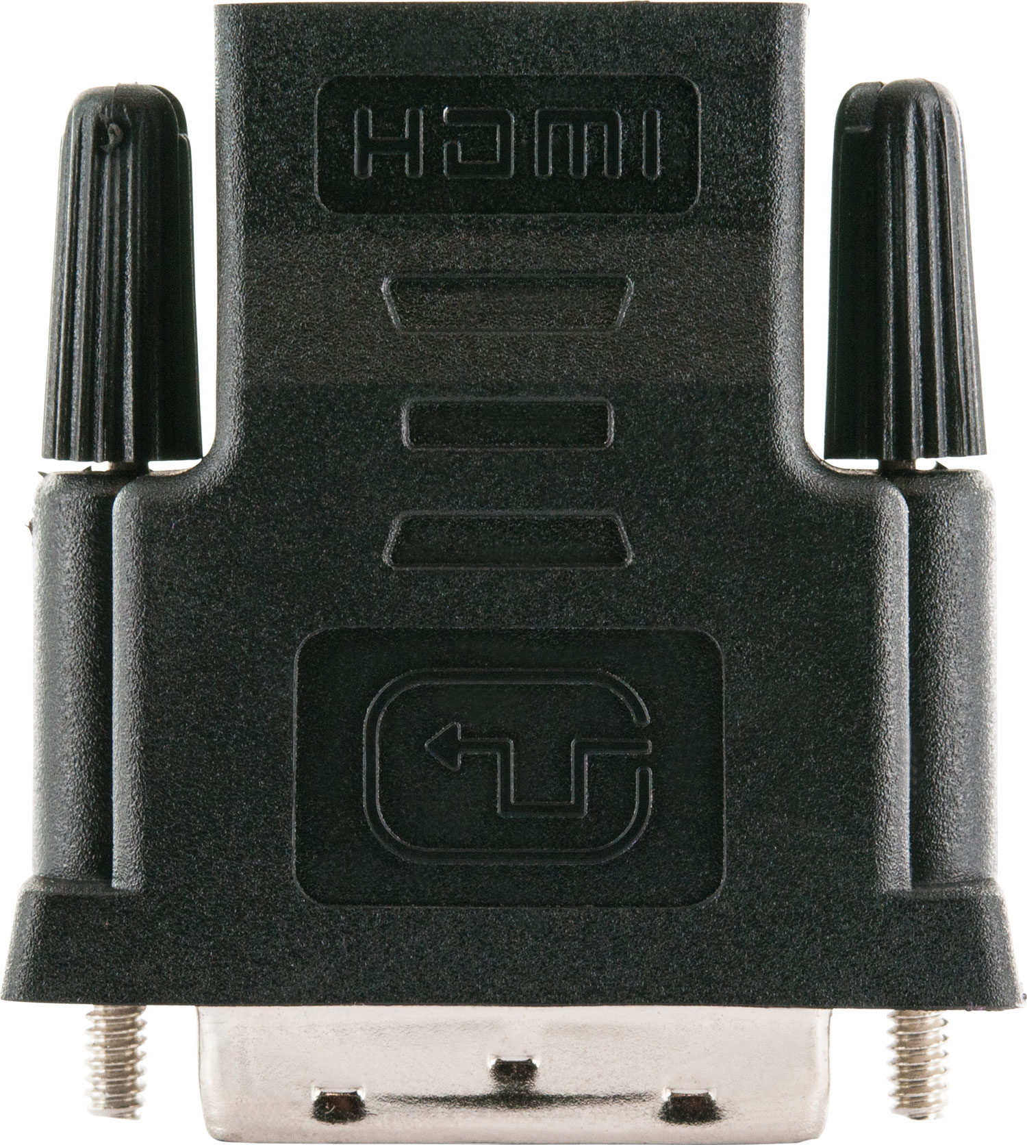 Schwarzer HDMI-zu-DVI-Adapter. Der HDMI-Anschluss ist beschriftet.