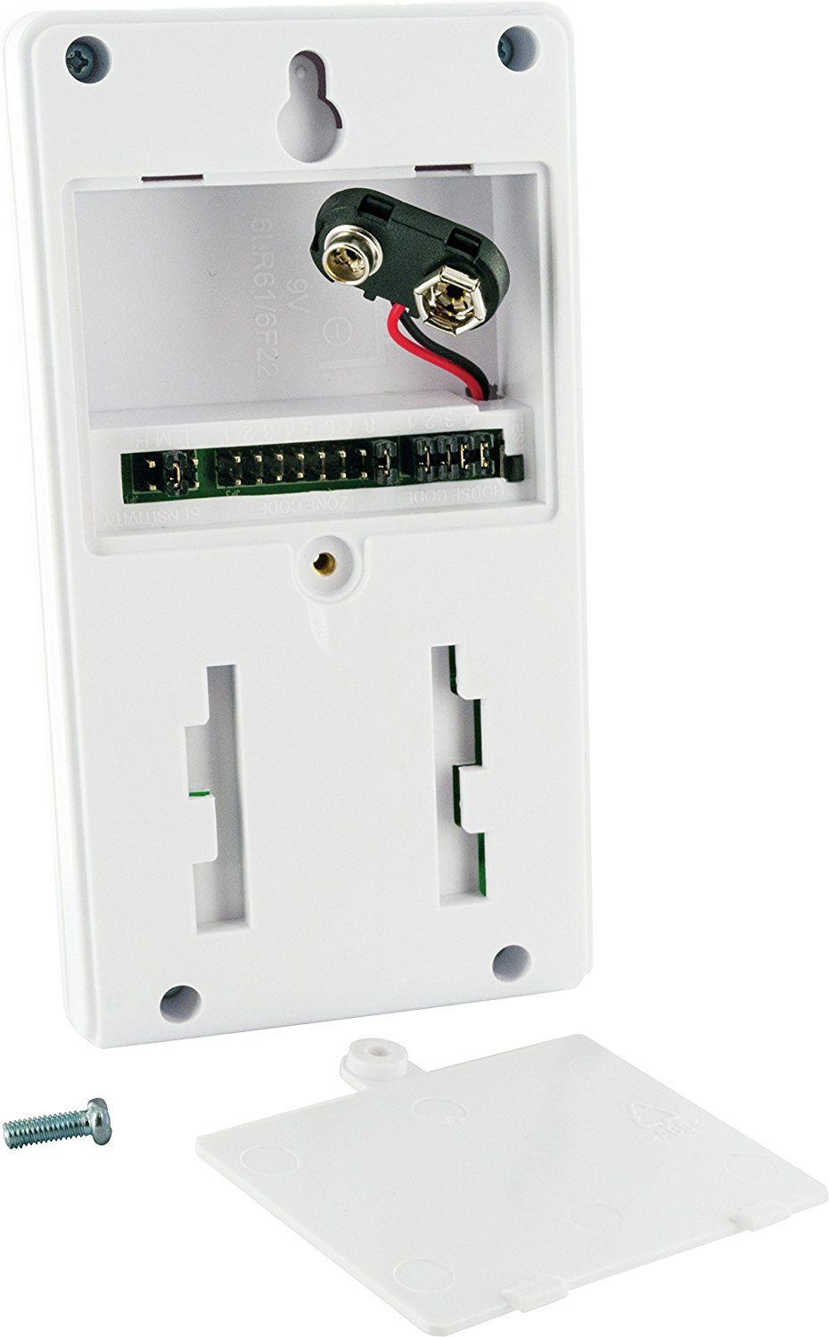 Weißes Geräteinnere mit Batterie und Leiterplatte, Schraube und Deckel.