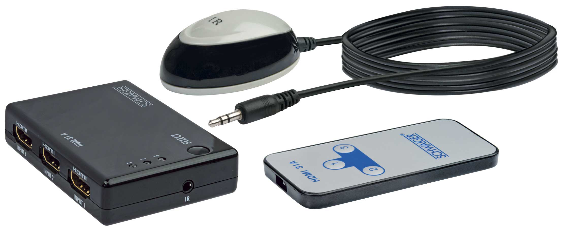 HDMI-Umschalter mit Fernbedienung und IR-Empfänger, schwarz, auf weißem Hintergrund.