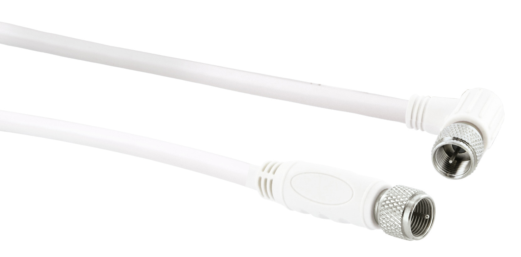 Weißes Kabel mit Steckern an beiden Enden auf weißem Hintergrund.