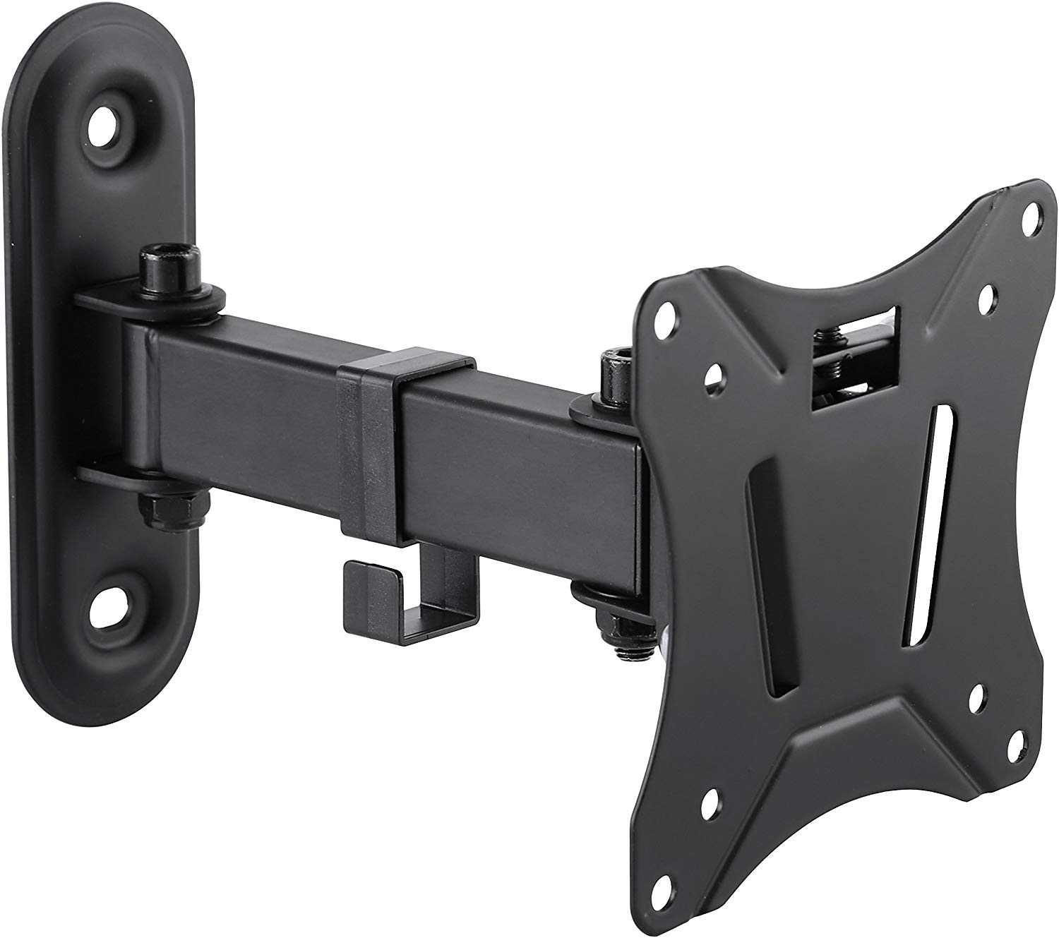 Schwarze TV-Wandhalterung. Sie hat einen Arm, der verstellt werden kann. Die Halterung ist an der Wand befestigt.