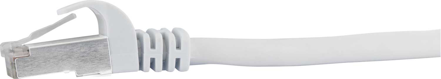 Un cavo di rete bianco con un connettore argentato.