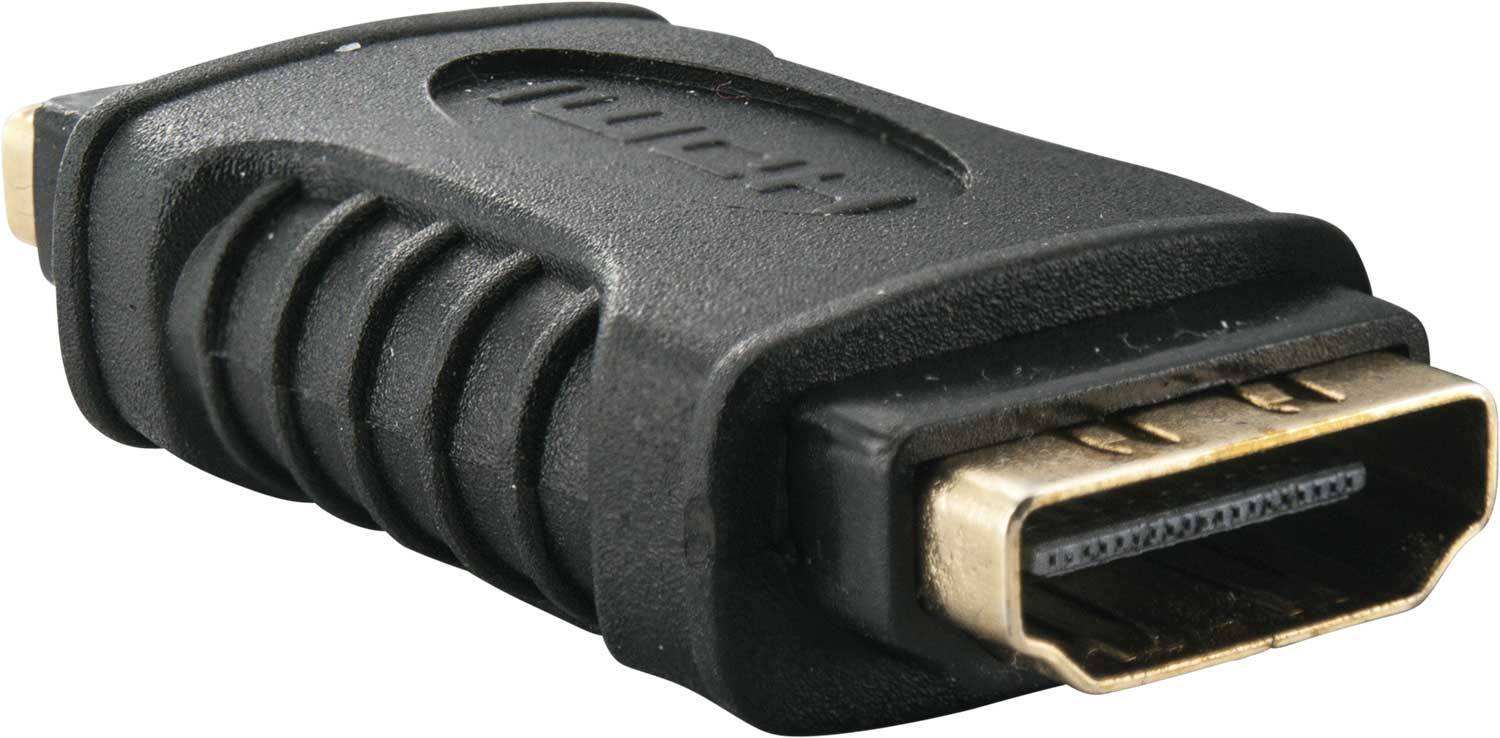 Ein HDMI-Adapter mit schwarzem Kunststoffgehäuse und goldfarbenen Anschlüssen.