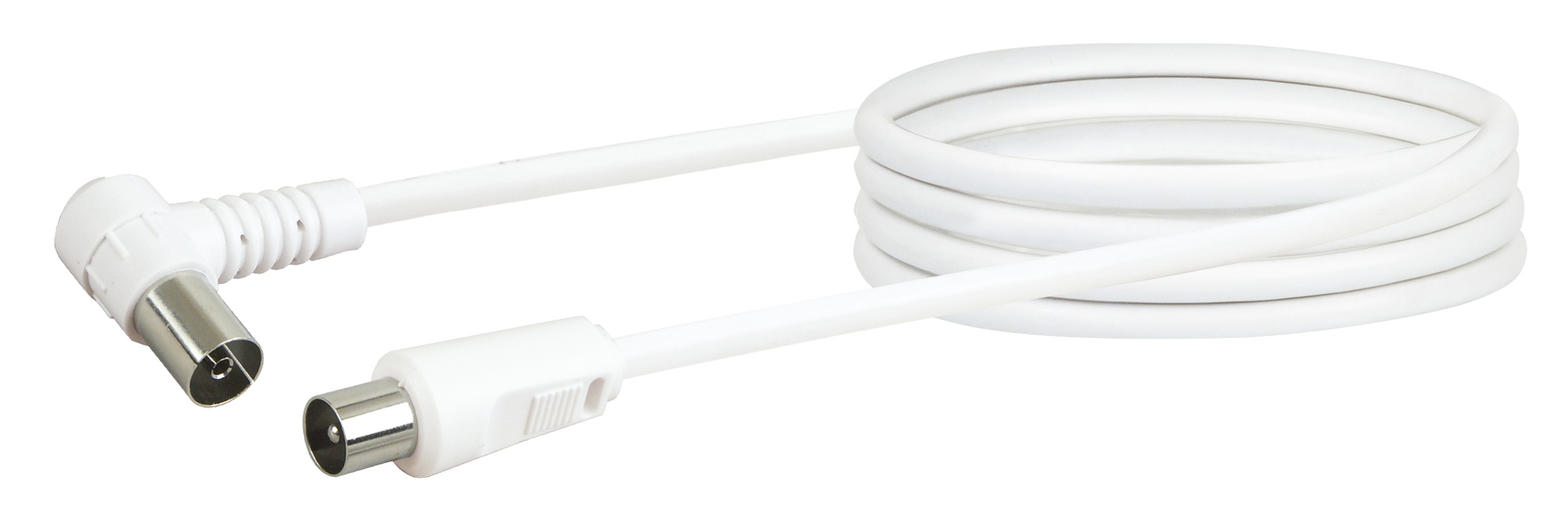 Cavo coassiale bianco con connettori angolati e dritti. Isolato su sfondo bianco.