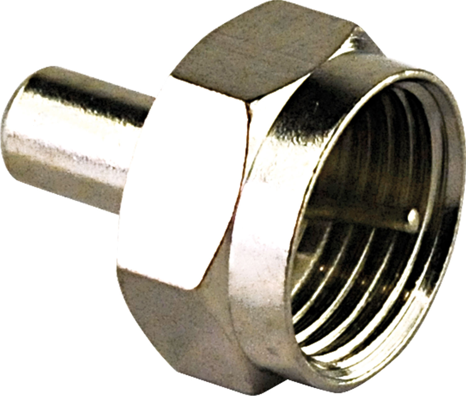Silberner Koaxialkabelstecker. Sechseckige Mutterform mit zylindrischem Stecker. Glänzende Metalloberfläche.