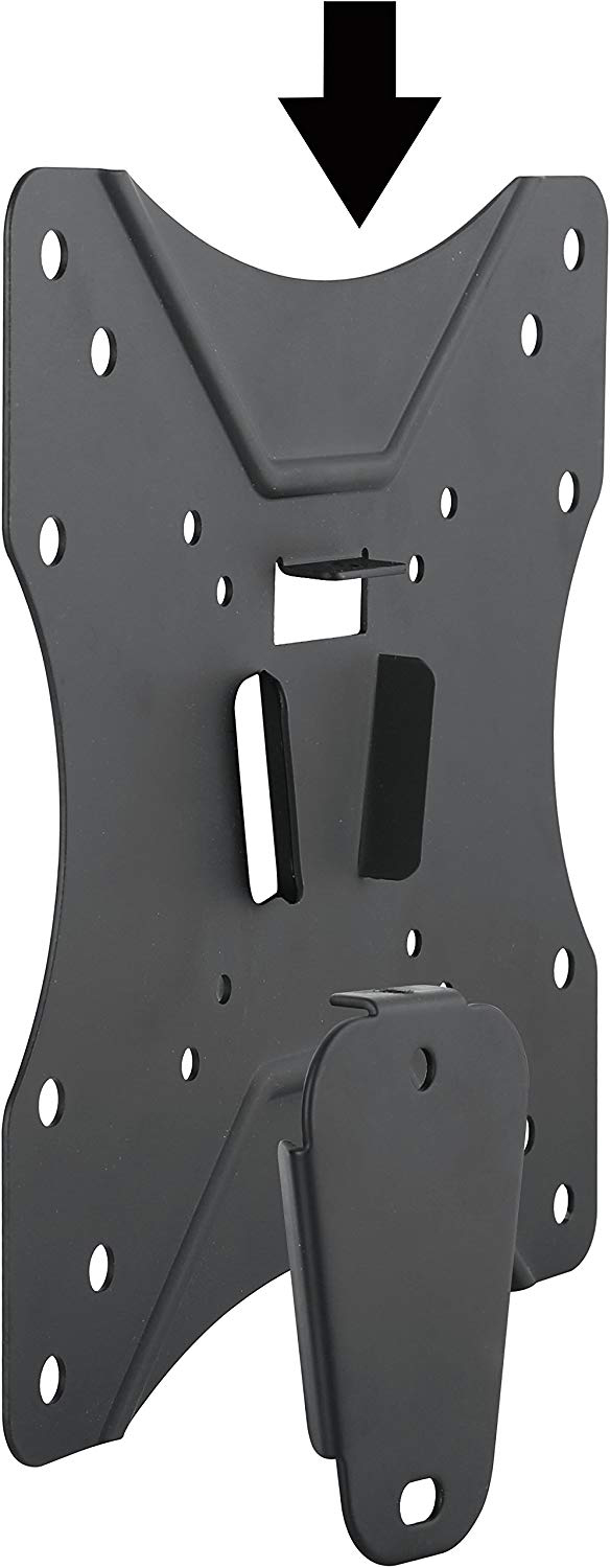 Eine schwarze TV-Halterung aus Metall mit Löchern und einem nach unten zeigenden Pfeil.