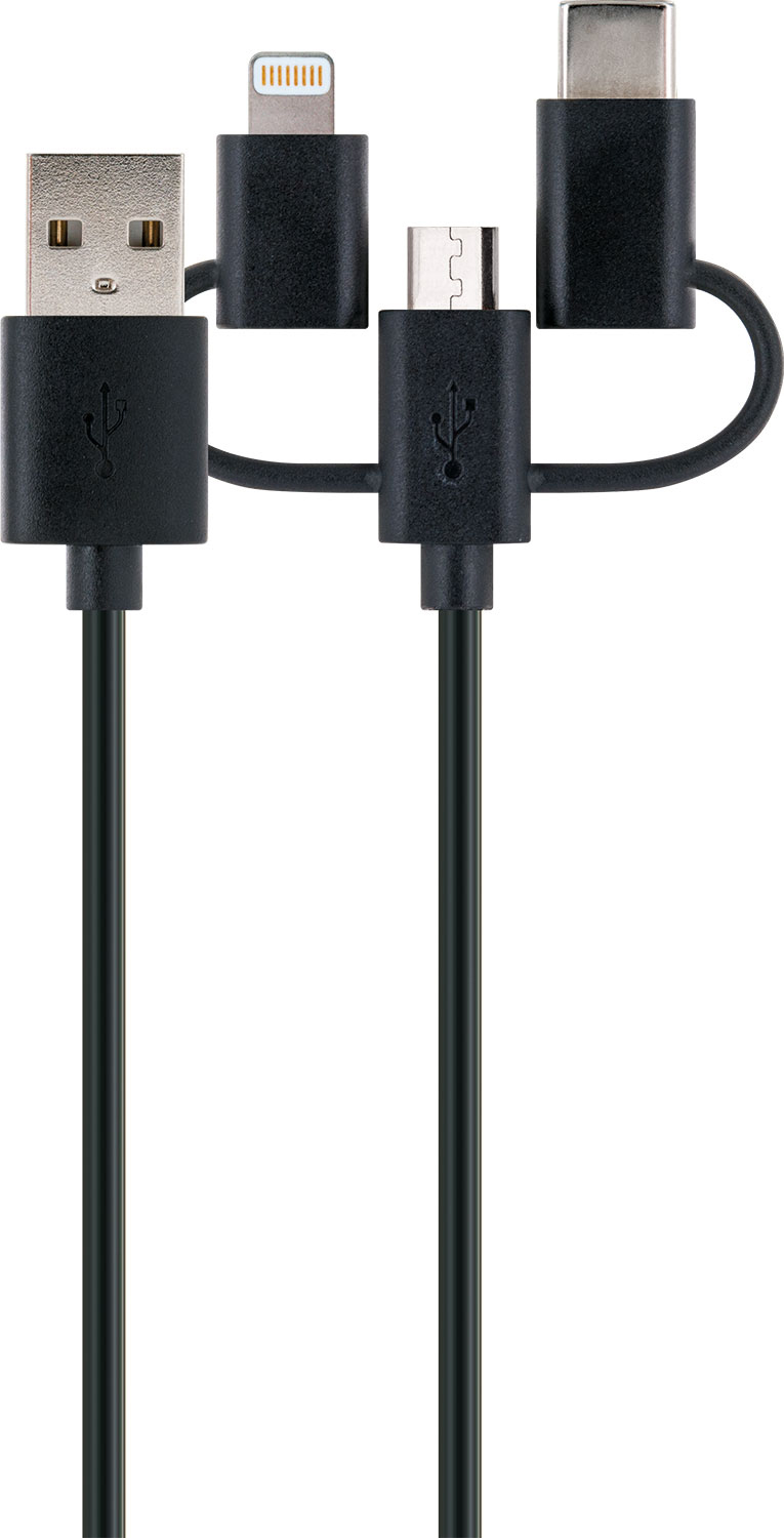 Schwarzes Multi-Anschluss-Ladekabel mit USB-, Lightning-, Micro-USB- und Typ-C-Anschlüssen. Weißer Hintergrund.
