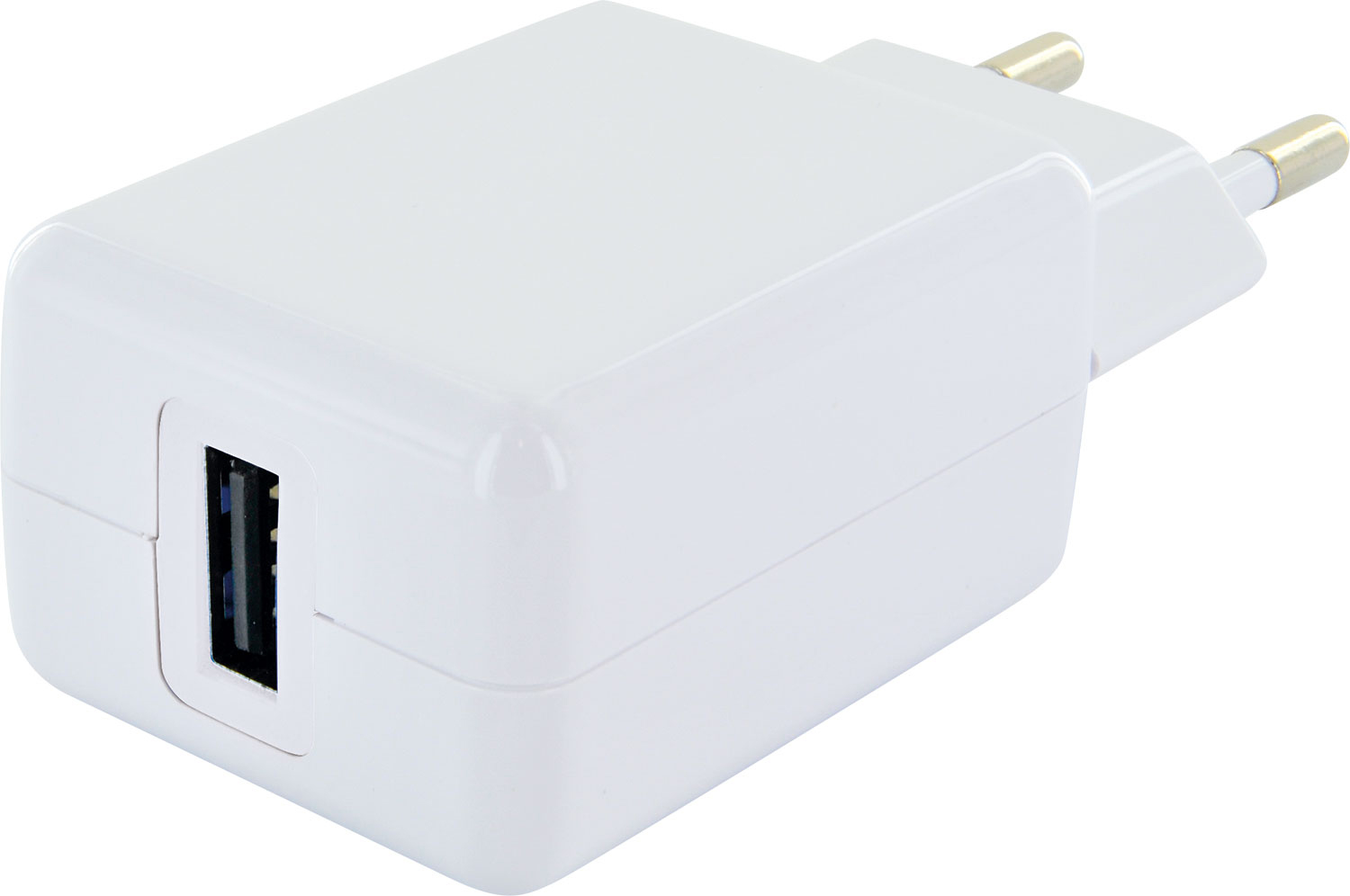 Weißes Ladegerät mit USB-Anschluss und zwei Stiften. Auf weißem Hintergrund.