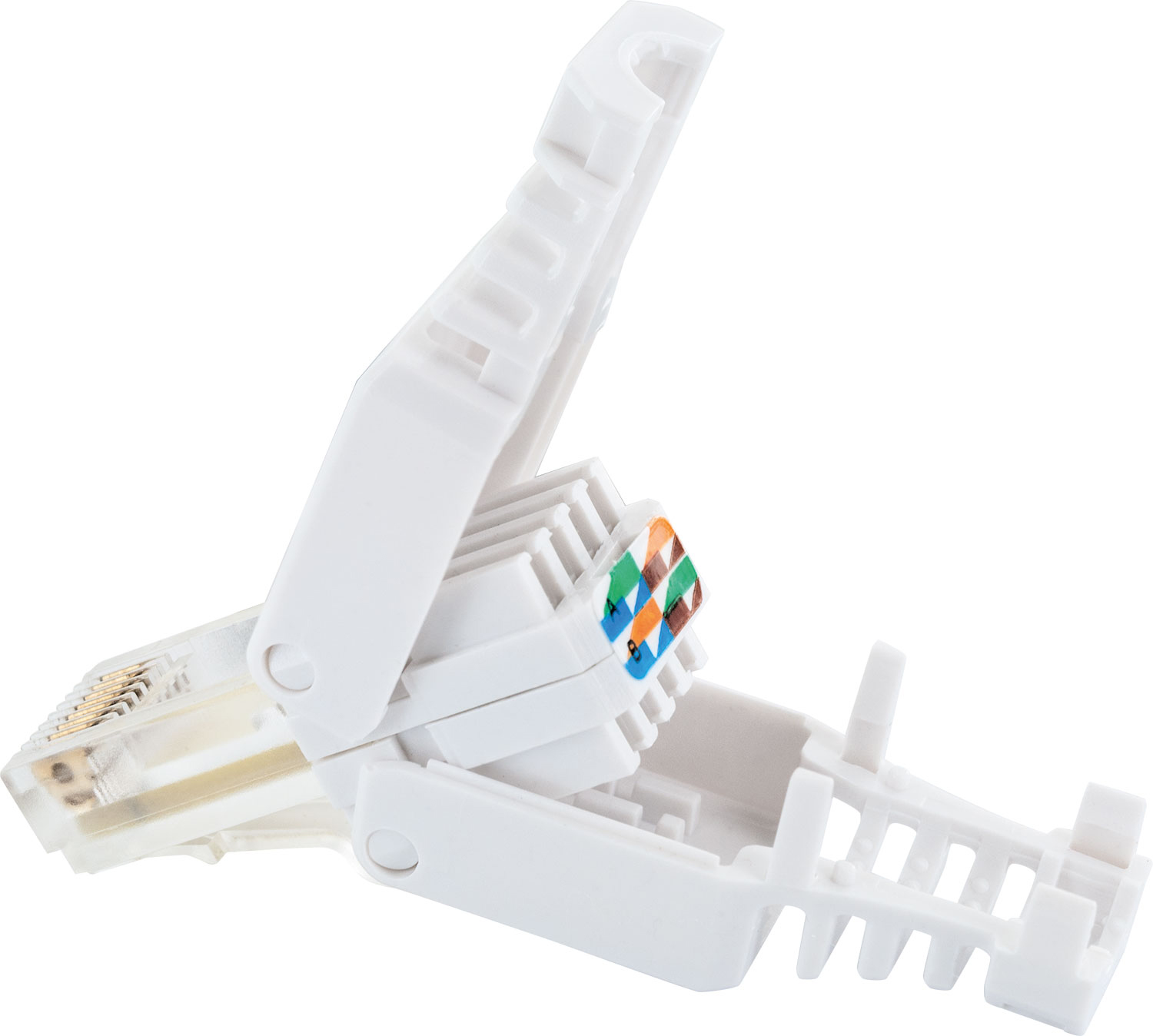 Weißer RJ45-Stecker. Offen, zeigt die farbigen Drähte im Inneren. Er wird für Ethernet-Kabel verwendet.