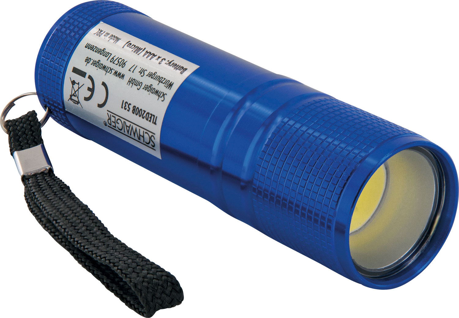 Blaue Taschenlampe mit Handschlaufe. Die Taschenlampe hat einen silbernen Knopf und ein Etikett.