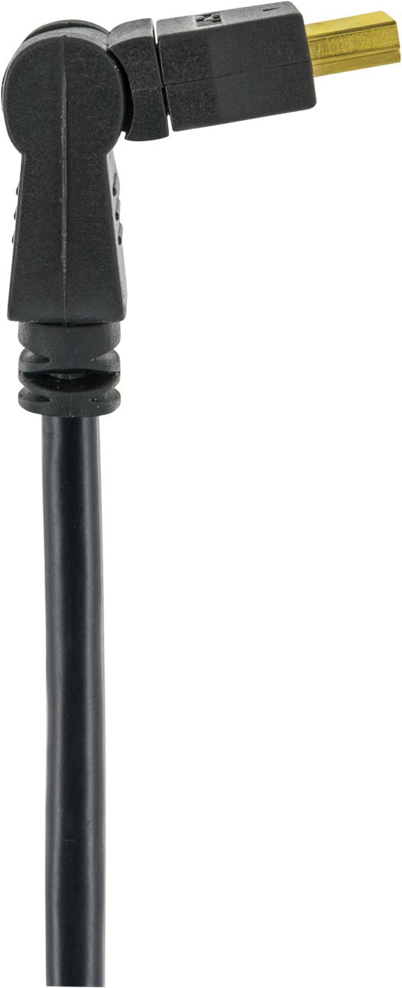 Ein schwarzes HDMI-Kabel. Das Kabel ist rechtwinklig gebogen, und der Stecker zeigt nach vorne.