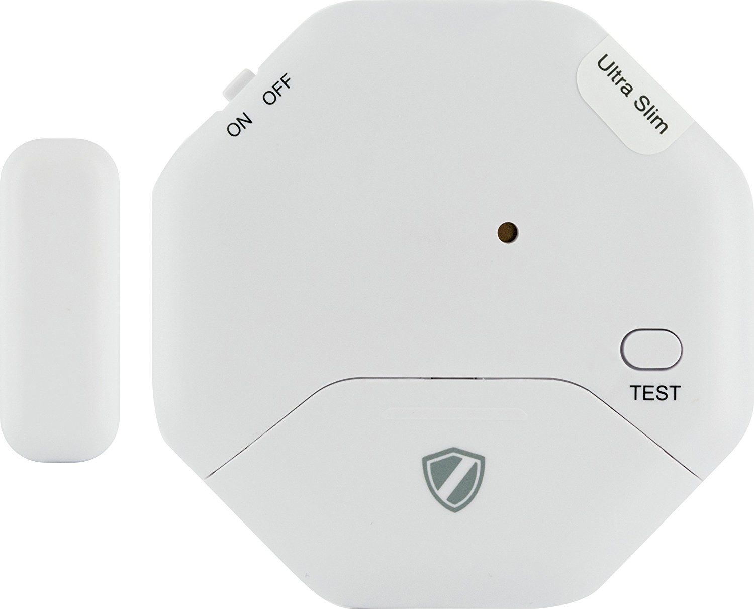 Weißer, rechteckiger Alarmsensor mit einem Ein/Aus-Schalter und einer Testtaste. Ein kleiner, weißer Sensor links.