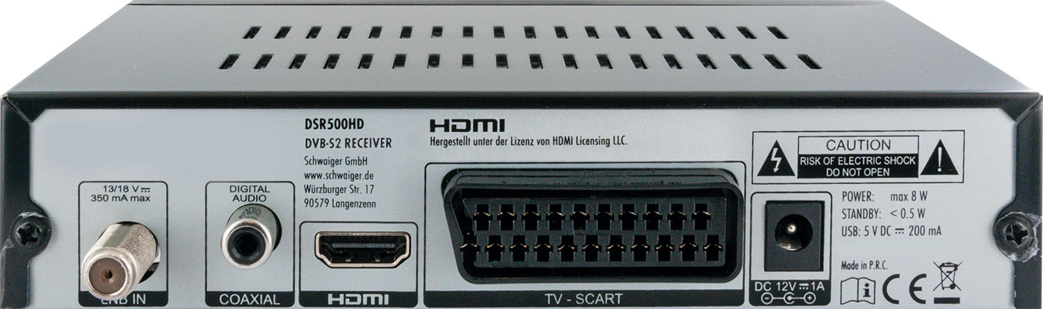 Rückseite eines Receivers mit Ein- und Ausgängen, mit verschiedenen Beschriftungen und Anschlüssen.