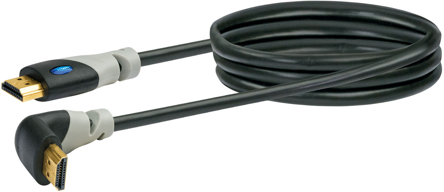 Schwarzes HDMI-Kabel mit grauen Akzenten und gewinkeltem Stecker.