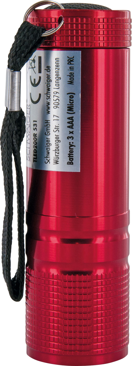 Czerwona latarka z czarnym paskiem, białe tło.