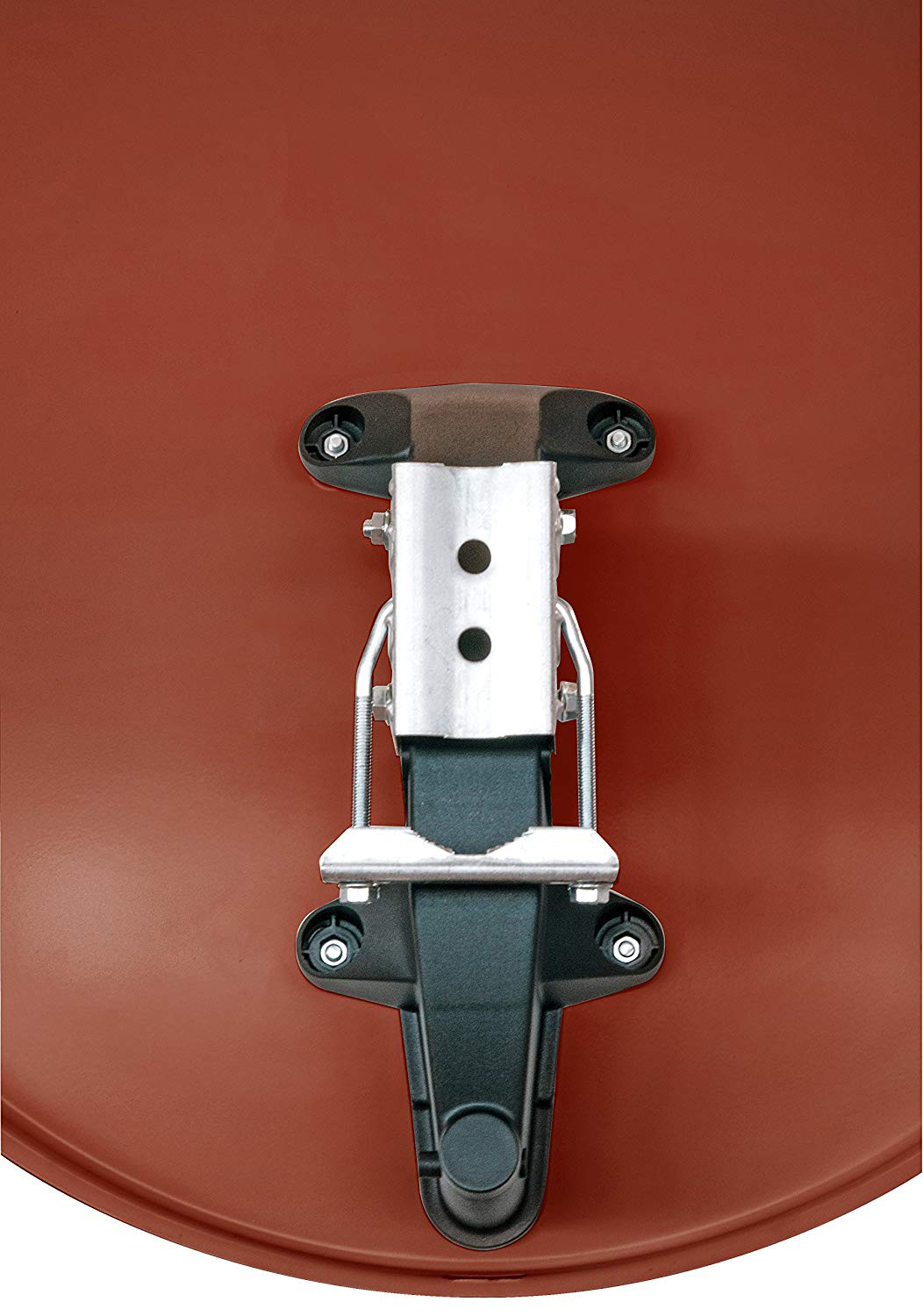 Roter LNB-Halter für Satellitenschüssel, schwarze und silberne Hardware, auf braunem Hintergrund.