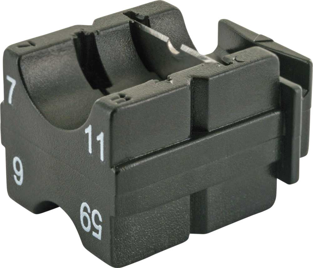Schwarzer Crimpwerkzeugkopf. Die Zahlen 7, 9, 11 und 59 sind sichtbar.