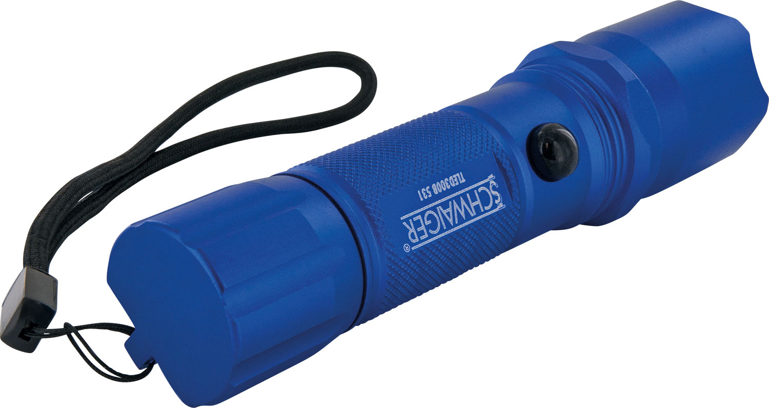 Eine blaue Taschenlampe mit schwarzem Handgelenkband auf weißem Hintergrund.