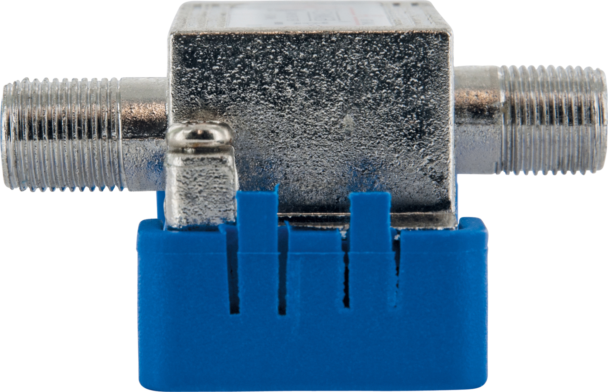 Ein silberner Koaxialkabel-Splitter mit blauem Sockel.