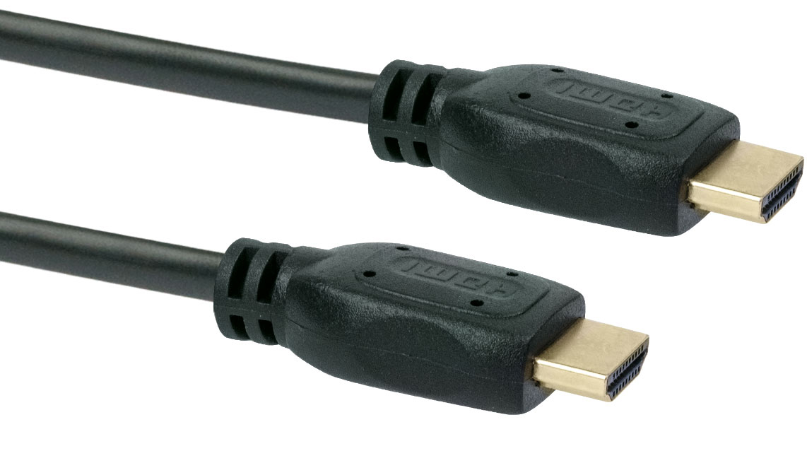 Zwei schwarze HDMI-Kabel mit Goldsteckern auf weißem Hintergrund.
