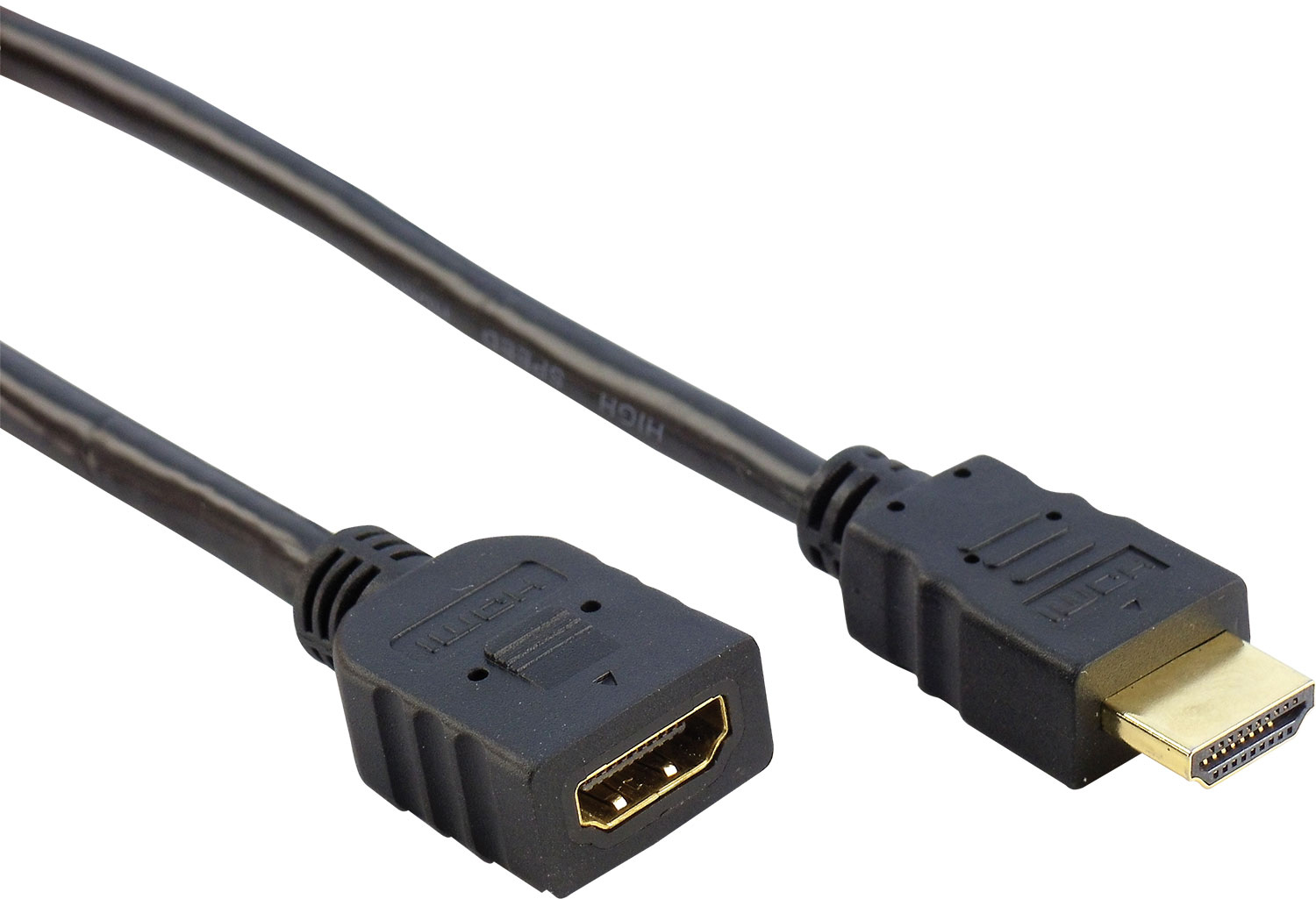 Schwarzes HDMI-Kabel mit einem Buchsenstecker und einem Stecker zum Anschließen von Geräten. Weißer Hintergrund.