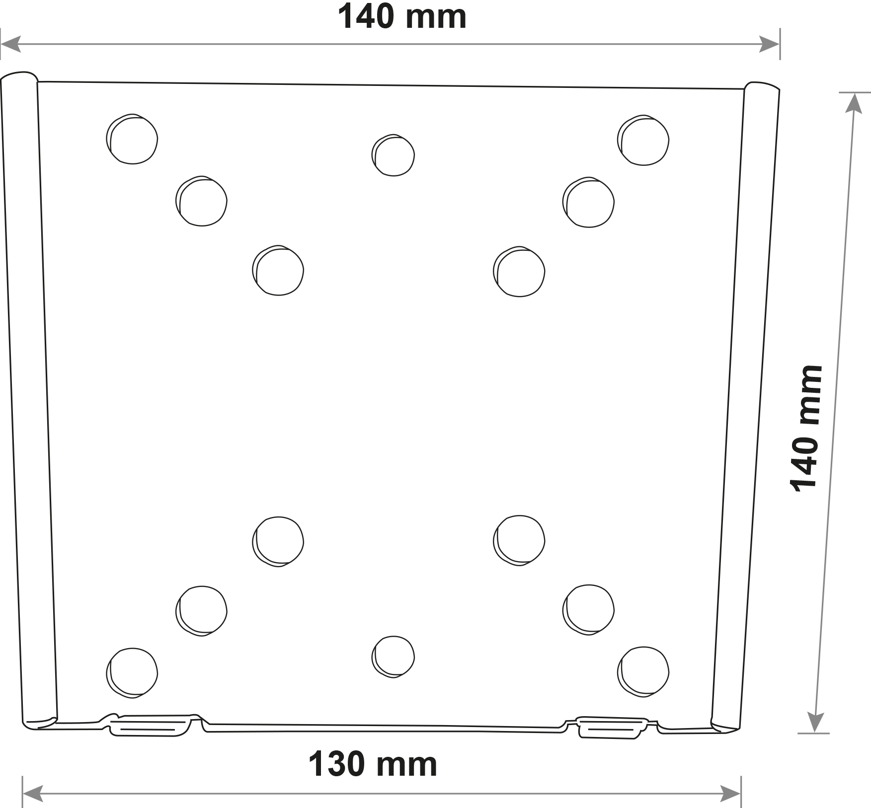 Metallhalterung mit Schraubenlöchern und Maßen von 140 mm x 130 mm x 140 mm.