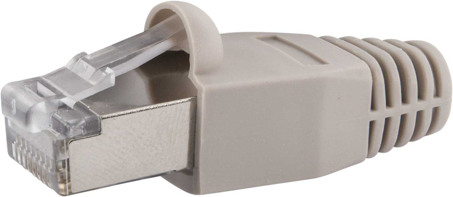 Nahaufnahme eines grauen RJ45-Steckers. Der Stecker ist nach rechts abgewinkelt.